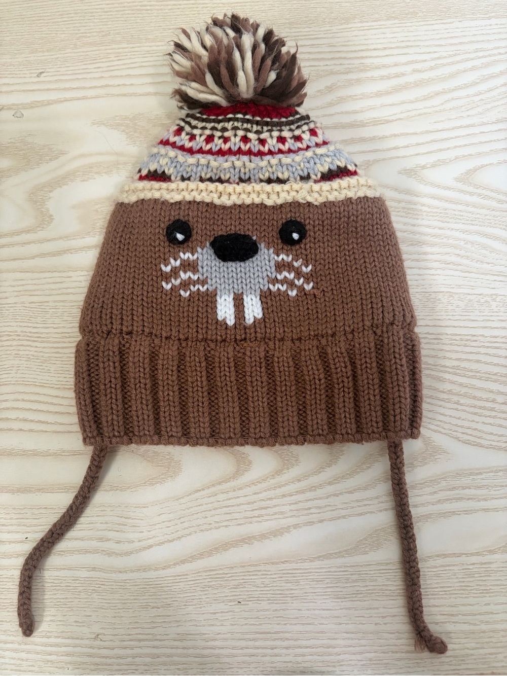 Zara Brown and Cream Knit Kids Animal Earflap Hat with Pom-Pom